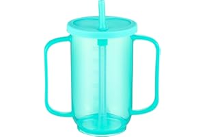 Sliner Adult Sippy Cups for Elderly 12 oz Straw Sippy Cups with 2 Handles No Spill for Adults Spill Proof Dysphagia Cup for Disabled Patients(Turquoise)
