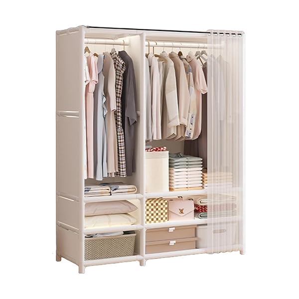 WEALTHYHEART PORTABLE CLOSET,WARDROBE,HEAVY DUTY CLOTHES RACK WITH COVER,JAPANESE STYLE GARMENT RACK WITH 2 HANGING RODS,6 STORAGE SHELVES,43.3″ L X 17.7″ W X 65.1″ H,WHITE