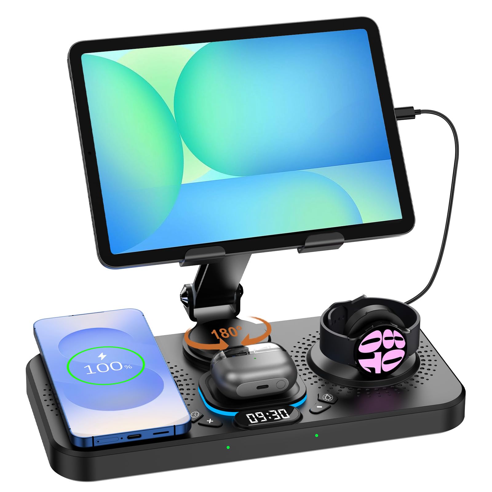Photo 1 of 30W Magnetic Wireless Charger for Samsung Foldable Android Mag-Safe Charging Station for Galaxy Tab with Clock &7 Color Light, Watch Charger for S25 Ultra, for Samsung Watch8, Galaxy Buds3 Pro(Black