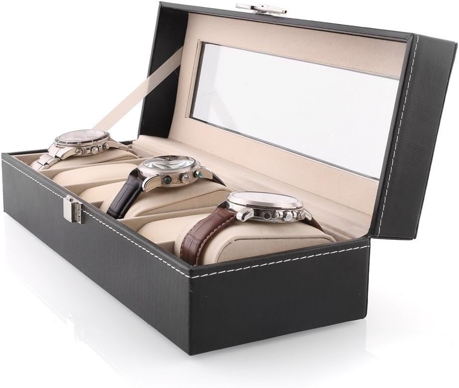 Zolion Black Watch Box for 6 Watches PU Large Compartments Transparent Window Soft Cushions.