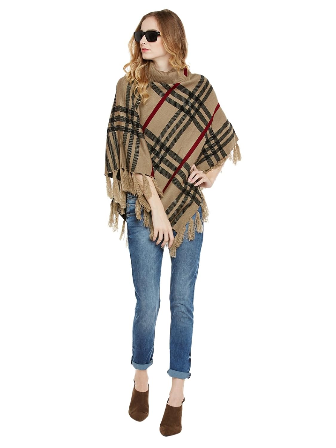 cayman women beige self-design woollen poncho sweater