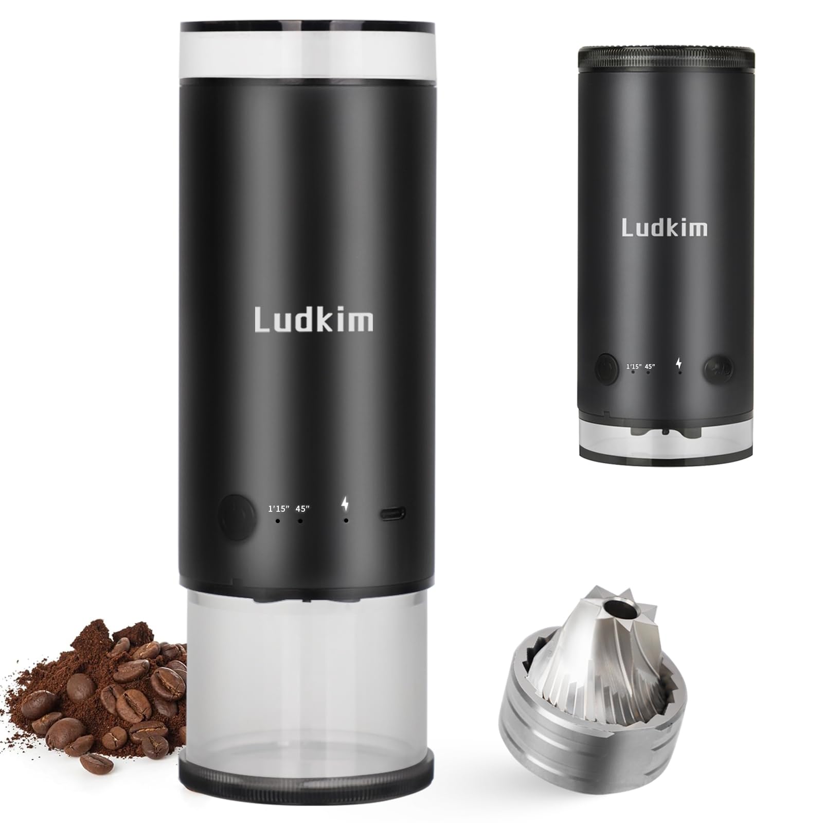 Photo 1 of Ludkim Electric Burr Coffee Grinder, 80 Precise Settings Rechargeable Cordless - Conical Stainless Steel Grinder for Espresso, Drip, French Press, Portable for Travel & Home Use