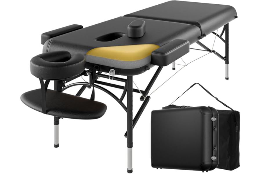 DOVANS Professional Massage Table Portable 2 Fold Premium Memory Foam Aluminium Leg Hold Up to 1100LBS 8 Heights Adjustable with Carrying Bag Black