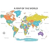 DECOWALL Large Colorful Political World Map Wall Decals Stickers (DL3-2302) | Peel and stick removable geography decor with labeled countries, oceans and compass rose for classroom, homeschool and office