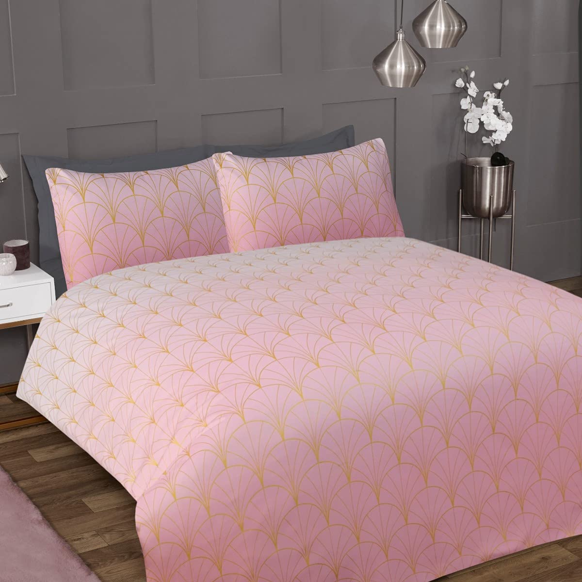Sleepdown Ombre Metallic Deco Blush Pink Scallop Luxury Soft Cosy Easy Care Duvet Cover Quilt Bedding Set with Pillowcases - Double (200cm x 200cm) 5056242818335