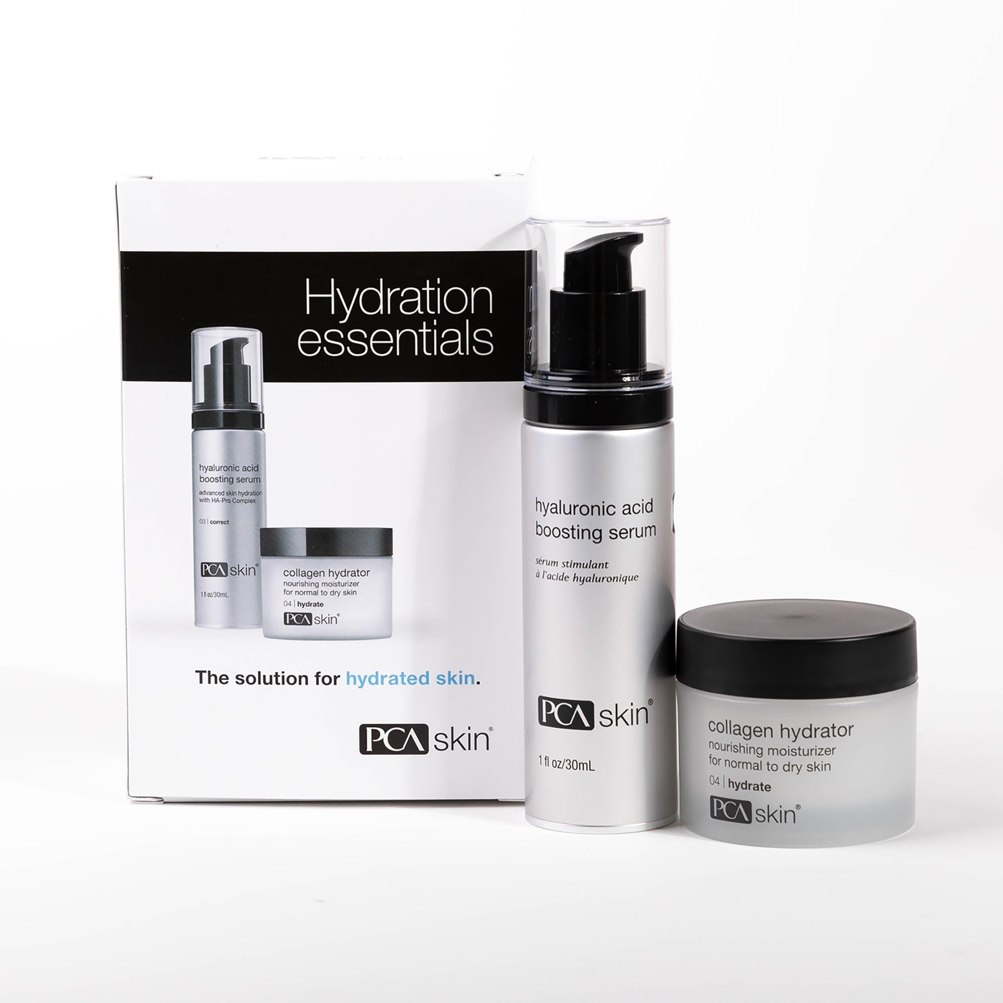 Photo 1 of PCA SKIN Hydration Essentials Kit, Hyaluronic Acid Boosting Serum, Collagen Hydrator Facial Mositurizer Set