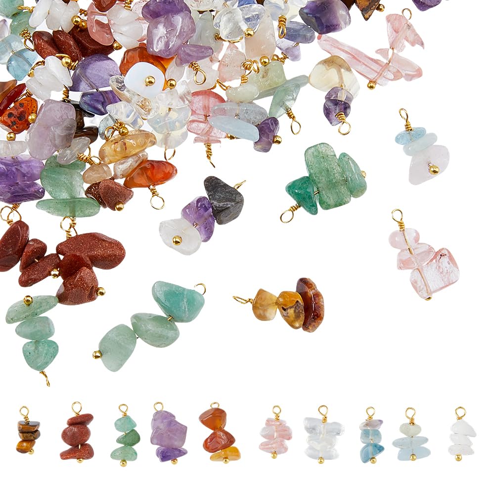 SUPERFINDINGS 60pcs 10Styles Natural Stone Pendants Gemstone Chips Dangle Charm Irregular Gemstone with Gold Loops for Earring Jewelry Making