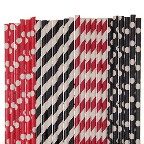 Red and Black Paper Straw Mix - Red, Black, Striped, Polka Dot (25)