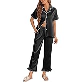 Ekouaer Silk Pajamas for Women Satin Short Sleeve Pajamas Set with Ruffle 2 Pieces Button Down Tops and Pants