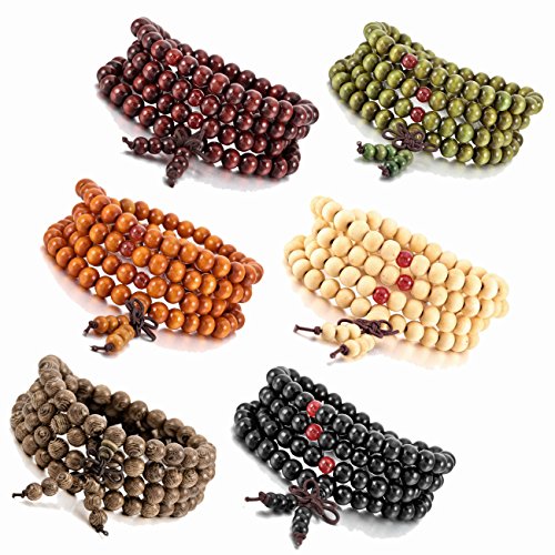 MOWOM 6PCS 8mm Wood Bracelet Link Wrist Necklace Chain Tibetan Buddhist Sandalwood Bead Prayer Buddha Mala Chinese Knot