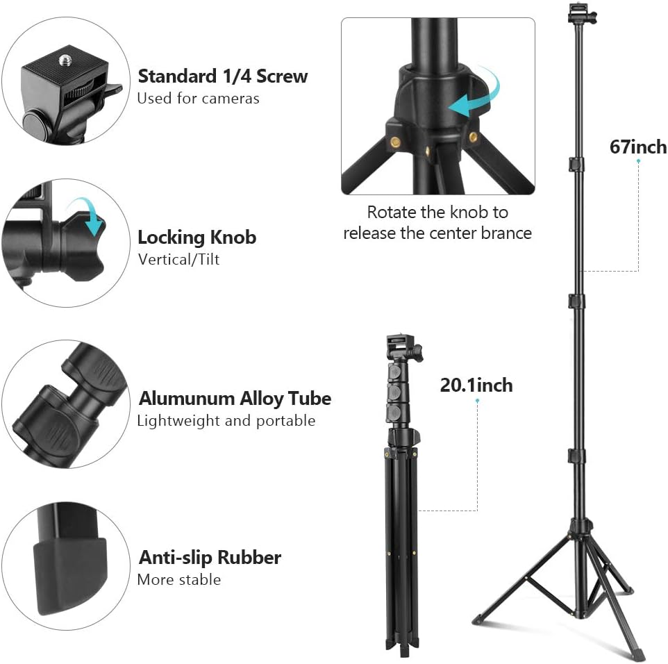 Selfie Stick & Phone Tripod, Sensyne 67" Extendable Travel Tripod Stand with Universal Phone/Pad Clip, Remote Shooting Compatible with iOS & Android Devices, Tripod for Video Shooting, Vlog: Camera & Photo