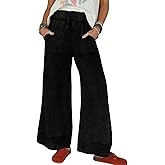 Athlisan Womens Casual Wide Leg Sweatpants Acid Wash Elastic Waisted Palazzo Pants Trousers with Pockets