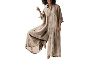 YARDSONG Womens Linen Jumpsuits Long Sleeve Button Up Casual Long Pant Romper Loose Fit Lapel Shirt Overall with Pockets