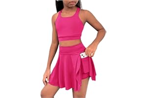 BEAUDRM Girl's Workout Solid Color Tank and High Waisted Skorts Set Athletic Sports Running Skirt with Pockets