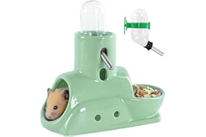 OIIBO Ceramic Hamster Water Bottle, 3 in 1 Hamster Water Bottle with Hideout and Food Bowl, 2PCS 60ML Adjustable Hamster Water Bottle No Drip Rat Water Bottle Small Animal Dispenser