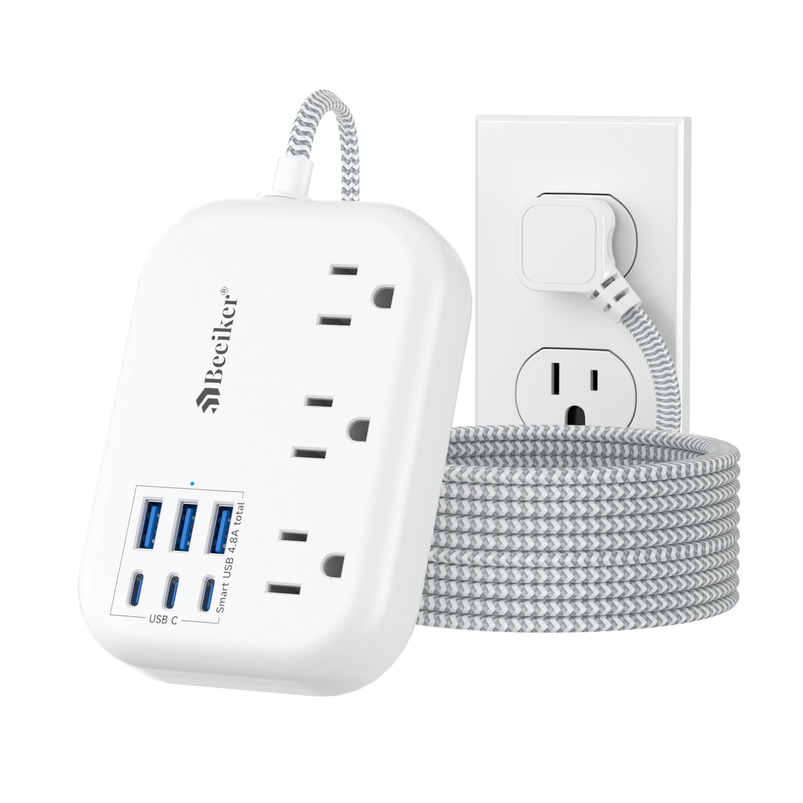6 USB(3 USB C) Surge Protector Power Strip- Extension Cord 10 Ft with 24W USB Charging Station and 3 Outlets, Flat Plug Long Braided Extension Cord with Multiple Outlets for Home Office College Dorm Image