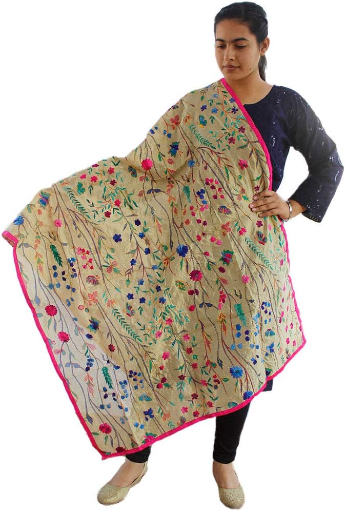 Sahej Suits Women's Chanderi Handwork Embroirdery Phulkari Dupatta (Flower-10, Multicolour, Free Size)