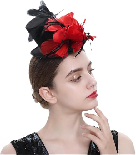 Mini Top Hat Red Feather Fascinator Cocktail at Amazon  display picture 3