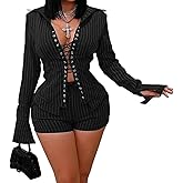 RISCUYY Club Outfits for Women 2 Piece Sets Sexy Stripe Strap Large Lapel Mini Shorts Sets Sexy Club Outfits for Women 2026