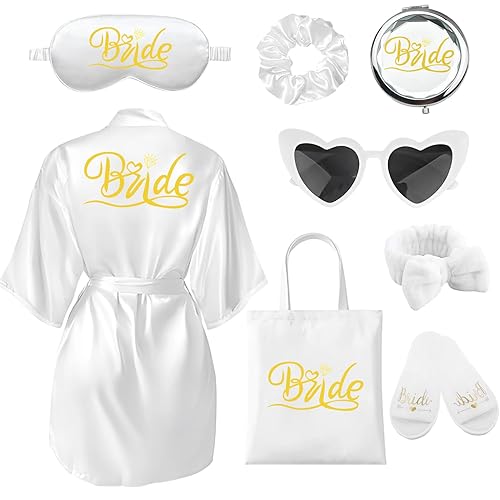 Amycute Bride Gifts Bride Dressing Gown Slippers Set - Include White Robe Canvas Bag Slippers Sleep Eye Mask Hair Scrunchie Mirror and Sunglasses for Wedding Bridal Shower Hen Party Gifts