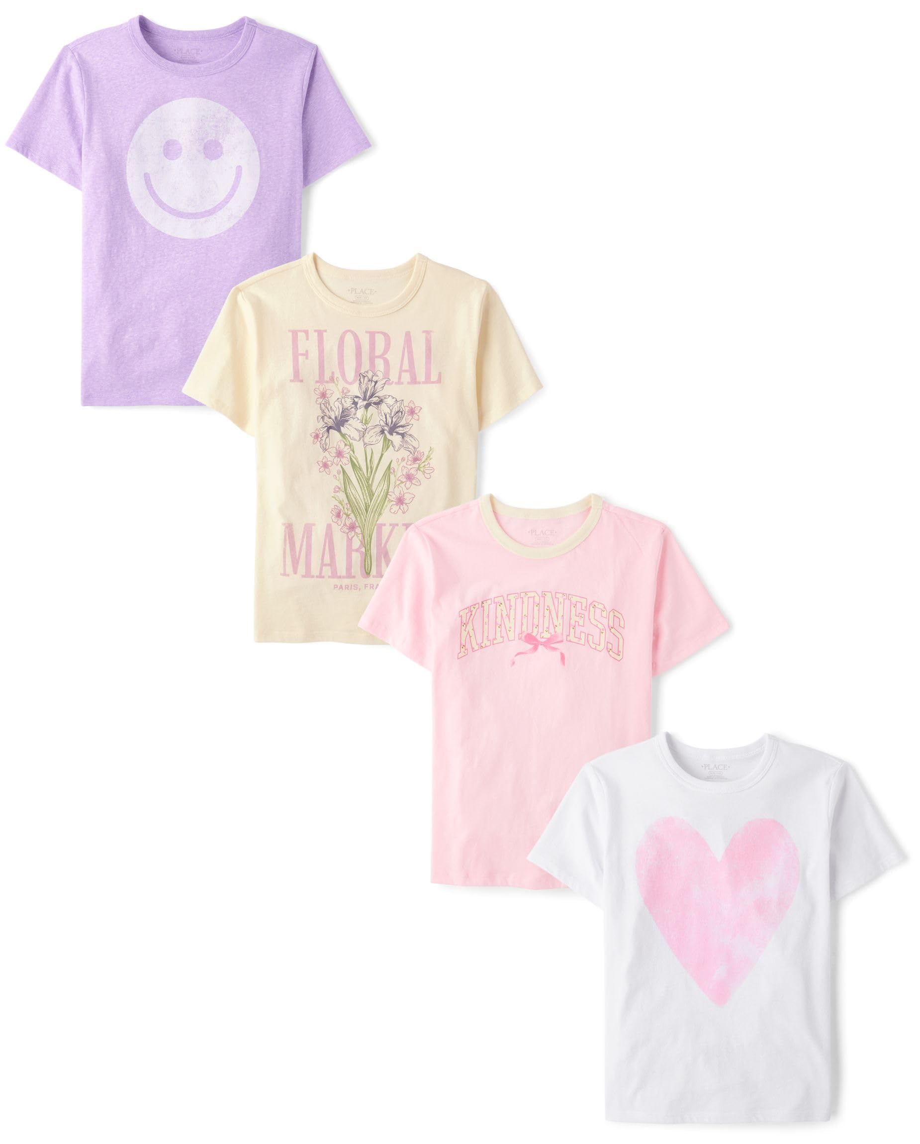 The Children's Place,Girls,Trends,Icons Short Sleeve Graphic T-Shirts,4 Pack,Kindness/Face/Floral/Heart,X-Small Image