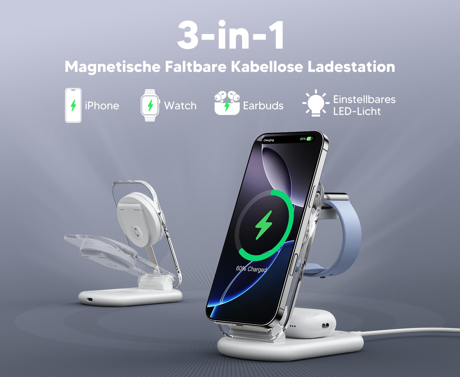Mag Safe Ladegerät, Ladestation Apple Watch und iPhone, 3 in 1 Mag Safe Ladestation Kompatibel mit iPhone 17e 17 16 15 14 13 12 Pro Max/Air/Plus/Pro, für Apple Watch 10/9,Airpods 3/2/Pro,faltbar 4