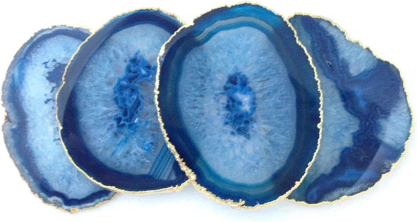 Modern Agate Coasters with Gold Edges and Rubber Bumpers (3.5"-4"). Set of 4 Geode Stone Slices. Perfect Drink Holder for any Glass or Cup (Blue)