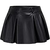 SweatyRocks Women's PU Leather A Line Mini Skirt Flared Hem Pleated Skirts with Shorts