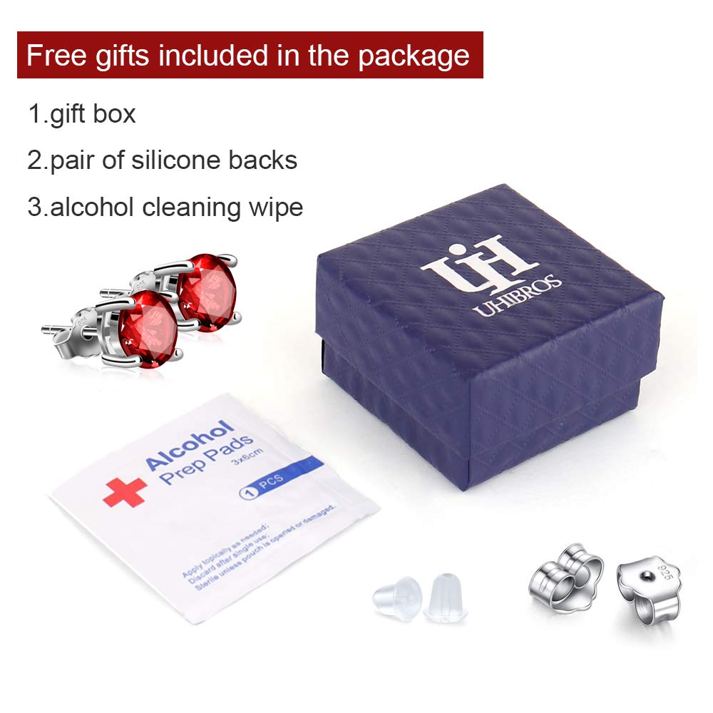 UHIBROS Sterling Silver Birthstone Stud Earrings Round Cubic Zirconia Diamond January