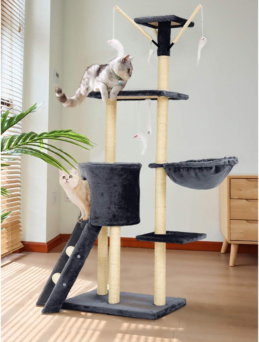 Mellcom Cat Tree Condo with Scratching Posts Perches, Cat Basket Lounger and Ladder, 56" Multi-Level Deluxe Cat Tower Kitten Play House (Grey) : Pet Supplies