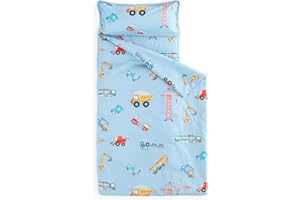 Wake In Cloud - Toddler Nap Mat with Pillow and Blanket, 100% Cotton Fabric, for Kids Boys Ages 3 Plus in Daycare Kindergarten Preschool, Cars Cranes Trucks, Blue, Standard