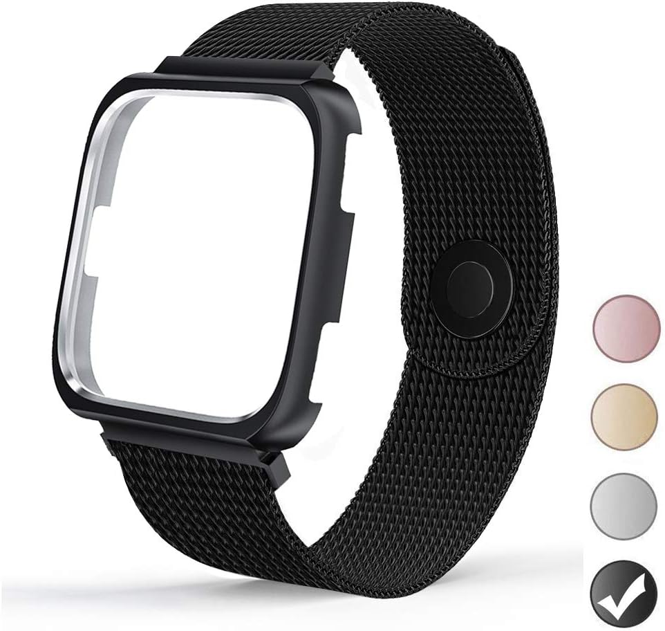 REYUIK Compatible with Versa Bands with Frame,Stainless Steel Mesh Breathable Metal Wristband with Protective Case Bumper Accessories for Women Men