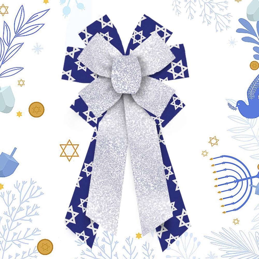 Bows & Ribbons - ABTOLS Large Hanukkah Bows for Wreath, Blue Silver Glitter Hanukkah Wreath Bows Star of David Color Bows for Front Door, Jewish Christmas Ornament Tree Topper Bows for Hanukkah Indoor Outdoor Decor