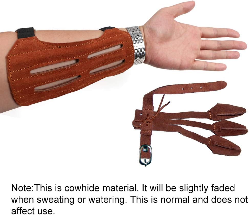Toparchery Leather 2 Straps Arm Guard & 3 Finger Protective Gloves for Recurve Compound Long Bow Hunting Shooting Brown : Sports & Outdoors