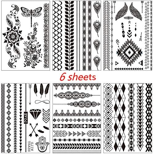 DIY Henna Temporary Tattoos for Women Girls, Black Lace Mehndi Tattoo, Body Art Fake Waterproof Tattoos Stickers (6 Sheets)