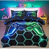 NTBED Game Console Comforter Set for Boys Girls Kids 3D Gaming Geometric Lightweight Microfiber Gamer Bedding Sets (Blue Green, Twin 5Pcs)
