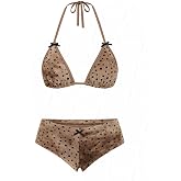 seamoly Women&rsquo;s Crystal Cream Bikini Set, Halter Triangle Top with Contrast Trim Cutout and Tie Side Boyshort Bottom