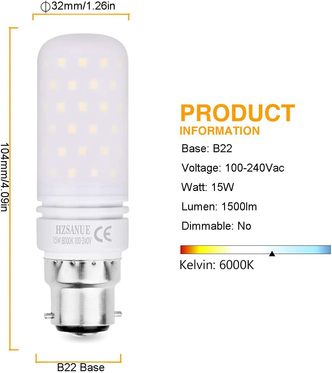 HZSANUE Led Light Bulbs 15W, 120W Incandescent Bulbs Equivalent, 1500Lm, 6000K Daylight White, B22 Bayonet Cap Corn Bulbs, Pack of 4 - Image 3