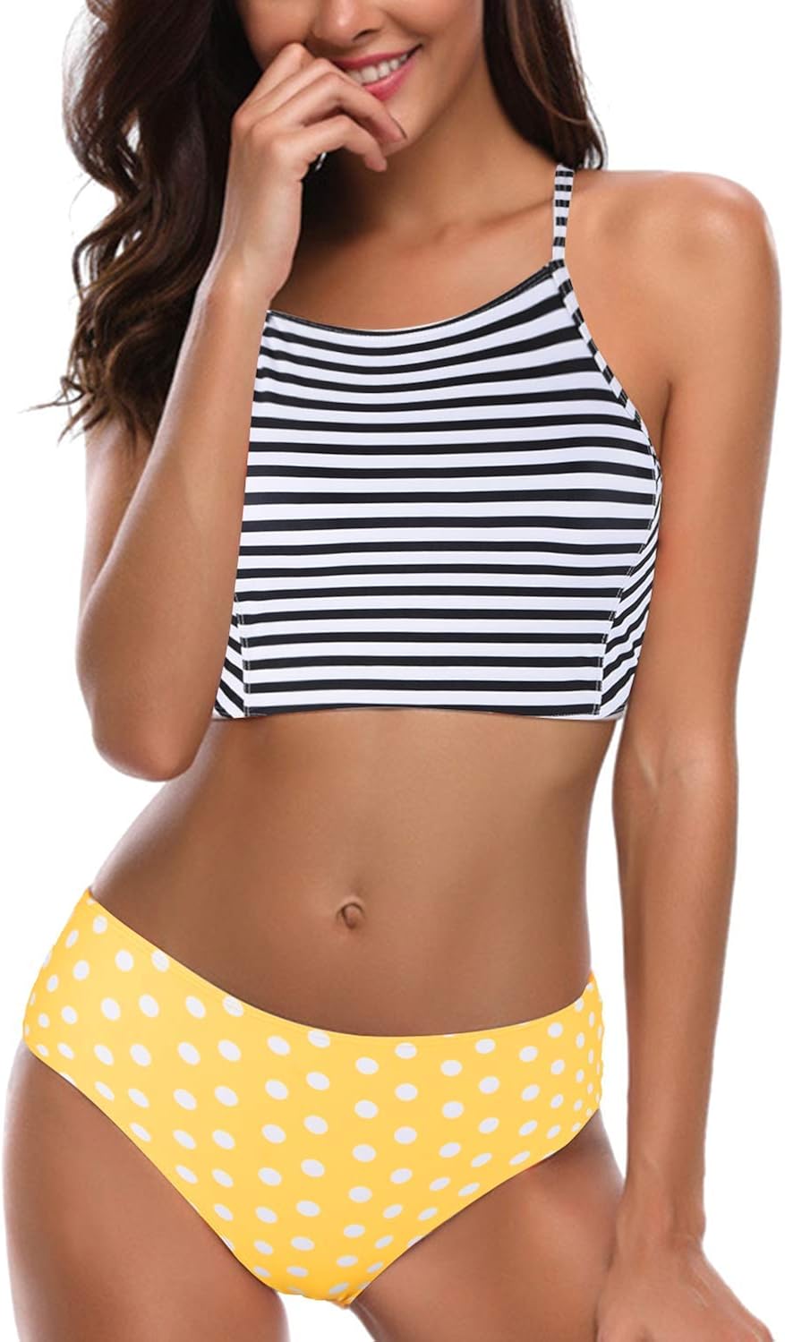 Macolily Juniors Bandeau High Neck Bikini Top Cross Tie Back MId Waist