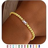 Yoosteel Valentines Gifts for Her Kids Girls - Valentines Day Bracelets Dainty Birthstone Bracelet for Women Stretch 14K-Gold-Plated Bead Bracelets Trendy Friendship Birthday Jewelry Gift for Teenage Girl Women