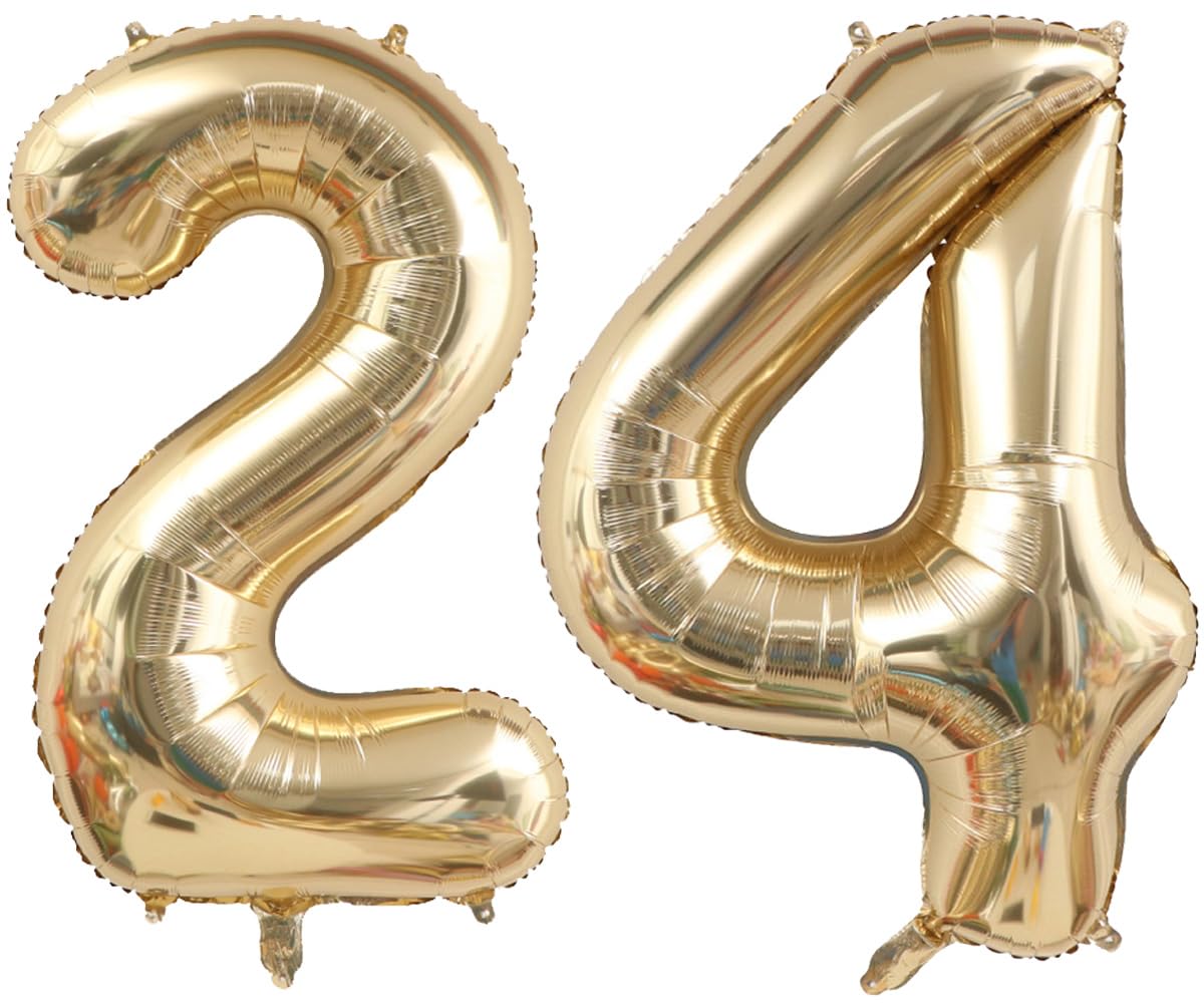 Photo 1 of 40 Inch Light Gold 24 Numbers Balloons White Gold Giant 24 Foil Mylar Helium Large Digital Balloon Champagne Gold Birthday Jumbo Balloons 24th or 42nd Anniversary Party Decorations Supplies