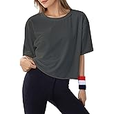 lazvmu Women's Oversize Workout Crop Tops Casual Short Sleeve Drop Shoulder Boxy T-Shirts Roll Hem Basic Loose for 2025