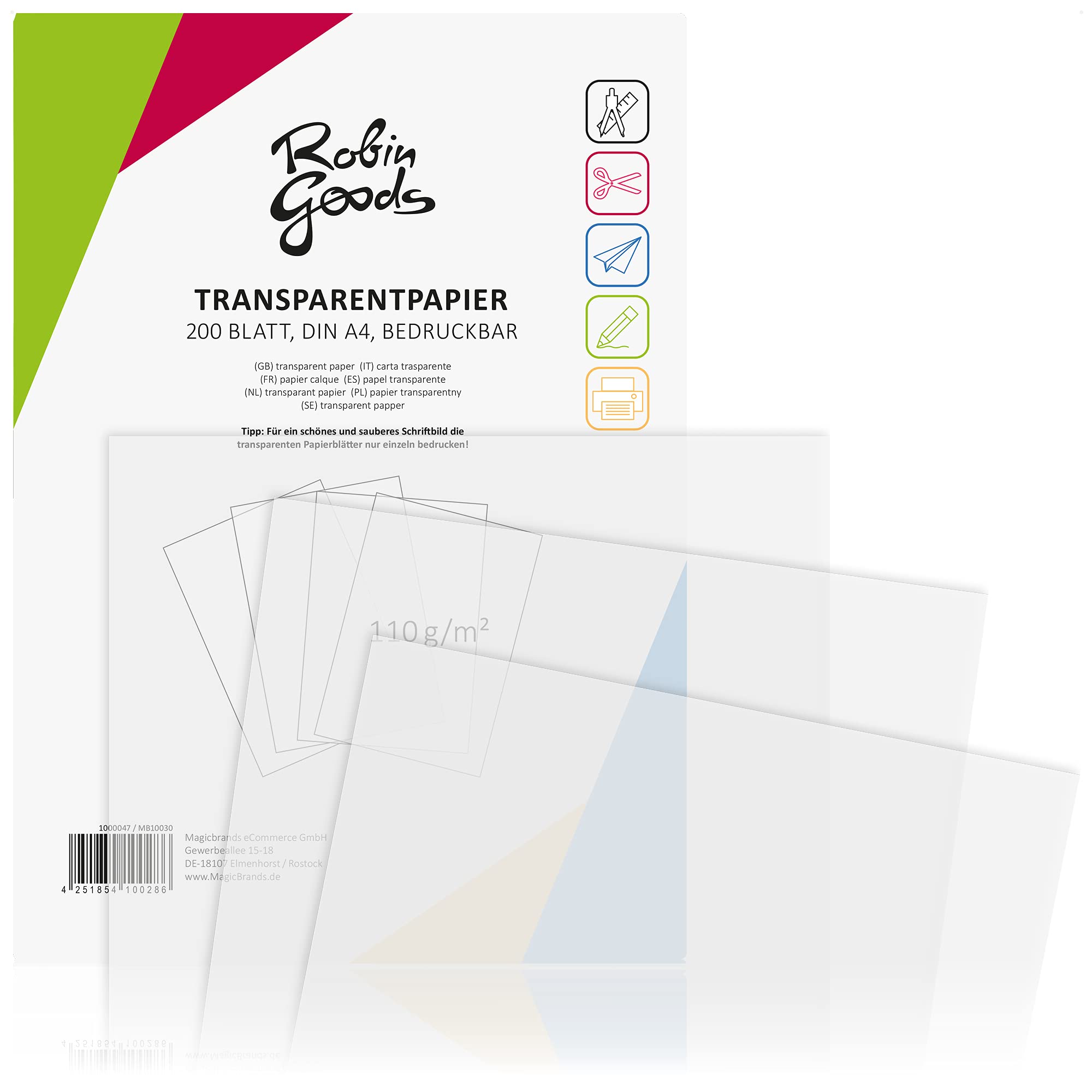 Robin Goods® 200 Sheets of Premium Transparent Paper DIN A4, 110g / m², Super Quality, Printable, Craft Paper, tracing Paper, Parchment Paper, Architect Paper (200 Sheets - Transparent)