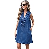LifeShe Denim Dress for Women Summer Sleeveless V Neck Bow Tie Front Jean Mini Dresses