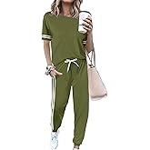 KBKBSN Women 2 Piece Outfits Summer Set Striped Short Sleeve Sweatsuits Crew Neck Pullover Lounge Tracksuit with Pocket Army Green XL