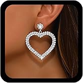Allereyae Vintage Rhinestone Heart Dangle Earrings Large Crystal Hearts Drop Earring Hollow Cz Heart Earrings Silver Crystal Stud Earring Jewelry for Women