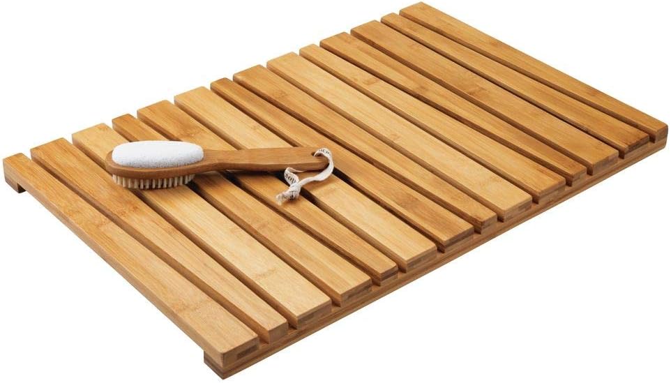 mDesign Wooden Shower Mat Bamboo Bath Mat for Shower, Spa & Sauna
