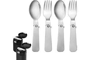 BOXOB 2pcs Folding Spoon & 2pcs Foldable Forks for Thermos Funtainer 10oz Food Jars, Portable Replacement Stainless Steel Spo