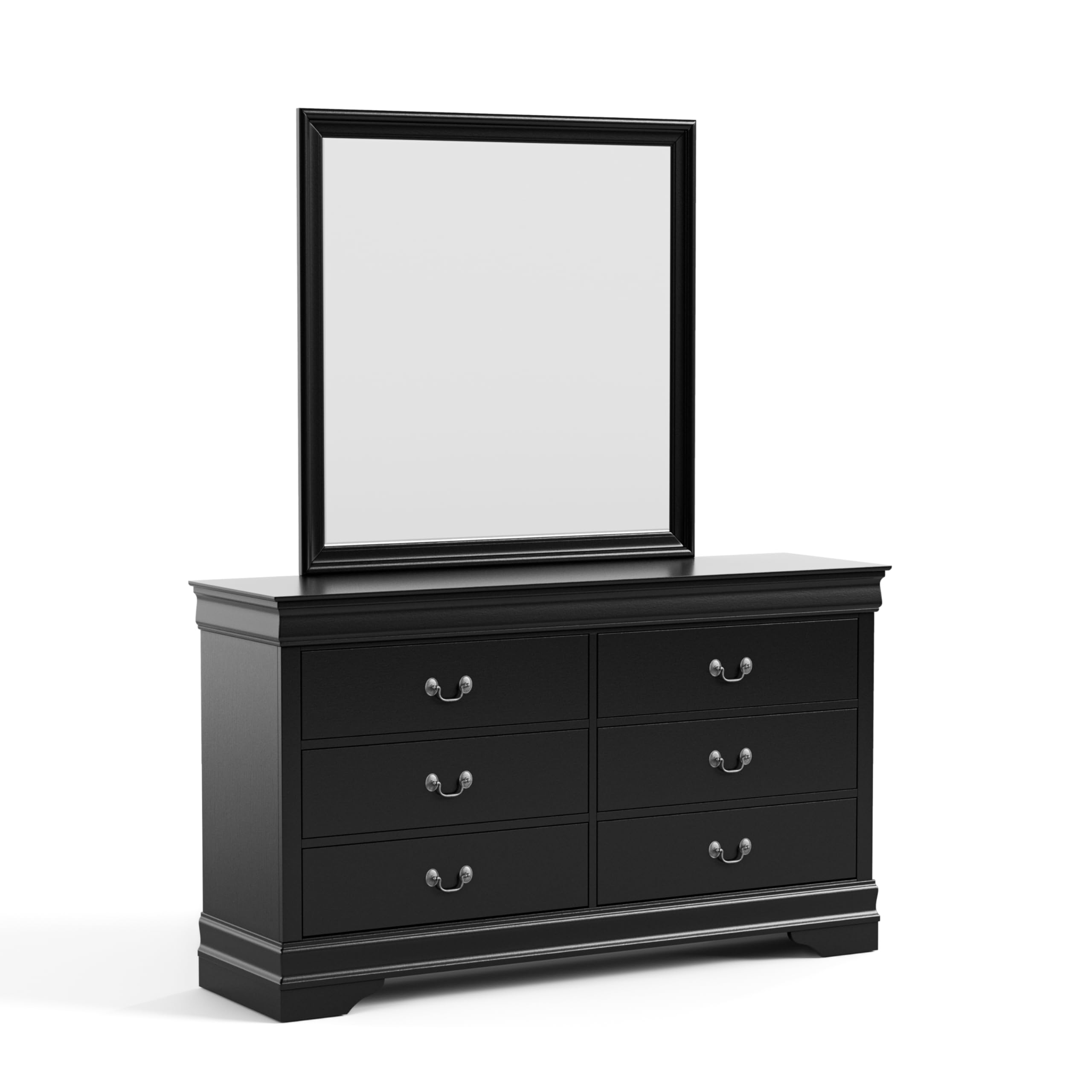 Photo 1 of Furniture of America Arabella Traditional Wooden 6 Drawer Dresser with Mirror, Vintage Bedroom Set, Accent Vanity Dressing Table with Antique Nickle Handles for Dressing Room, Walk-in Closet, Black