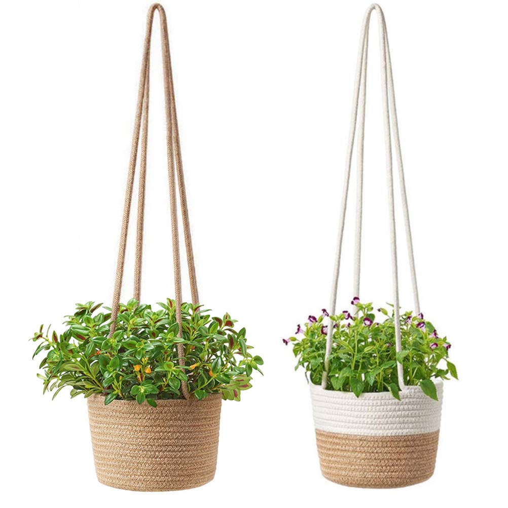 Yumira Hanging Flower Pots Braided Seagrass Plant Basket Plant Pots Plant Pot Wall Decoration Plant Pot Holder with Rope Indoor and Outdoor Balcony Garden Pack of 2